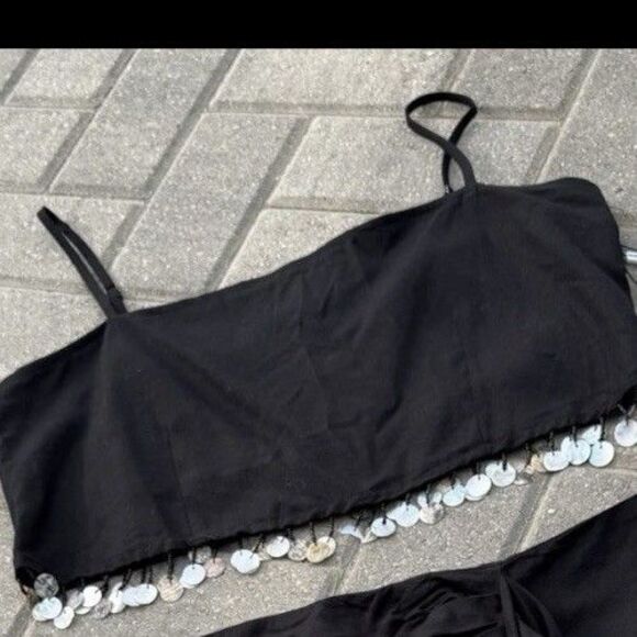 JASON WU Mother Of Pearl Beaded Sea Shell Linen Rayon Crop Top black NWT Size 8 - Picture 1 of 10